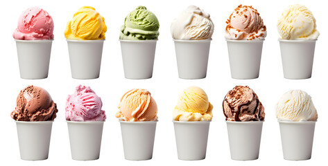 Ice cream scoop on white blank empty paper cup bowl on transparent background cutout, PNG file. Many assorted different flavour Mockup template for artwork design