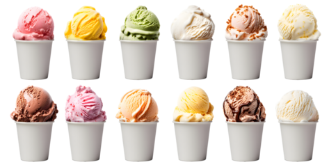 Ice cream scoop on white blank empty paper cup bowl on transparent background cutout, PNG file. Many assorted different flavour Mockup template for artwork design