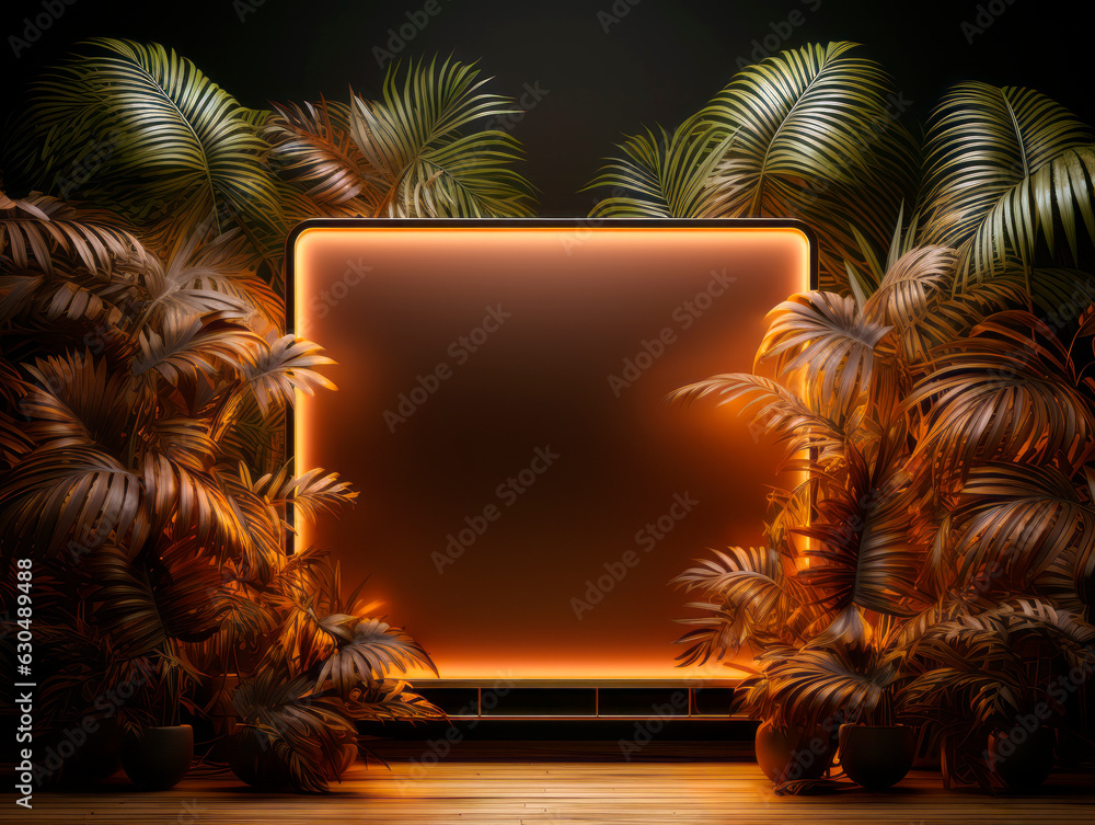 Poster lcd monitor with palm leaves on dark background. generative ai