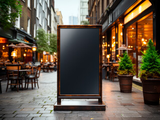 Mock up blank black signboard stand on city street. Generative AI