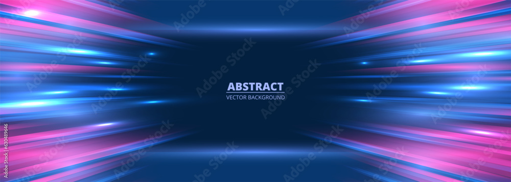 Poster Blue and pink speed lights abstract background motion effect travel through time and space. Fast movement hyper speed backdrop. Fast motion blue and pink lines abstract futuristic vector background.