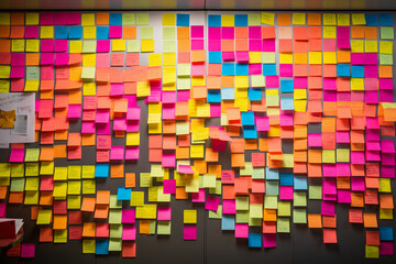 Board full of sticky post-it notes displaying and reminding important tasks and plans