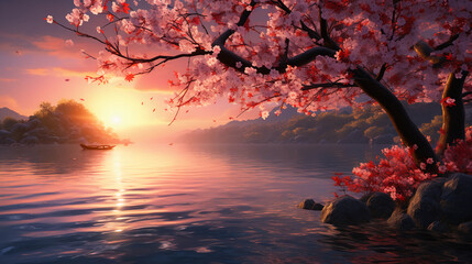 cherry blossom in a river bank with view of sunset