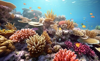 Underwater view of coral reef and fish.