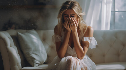 Crying woman, Sad despair upset lady bursting tears covering face hand sitting sofa