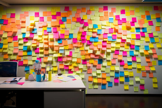Sticky post-it notes in a wall behind a office table
