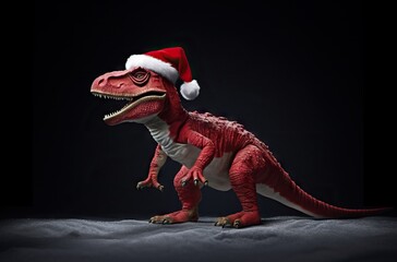 Cute tyrannosaurus rex toy with Santa Claus hat on black background