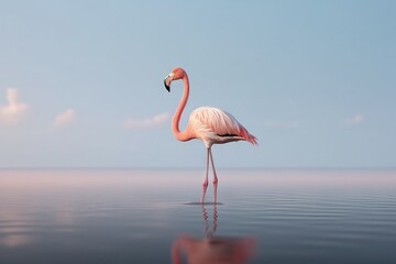 Fototapeta na wymiar Pink flamingo in the water on a background of blue sky.