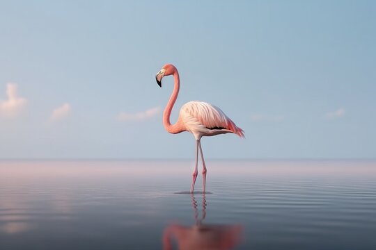 Pink flamingo in the water on a background of blue sky.