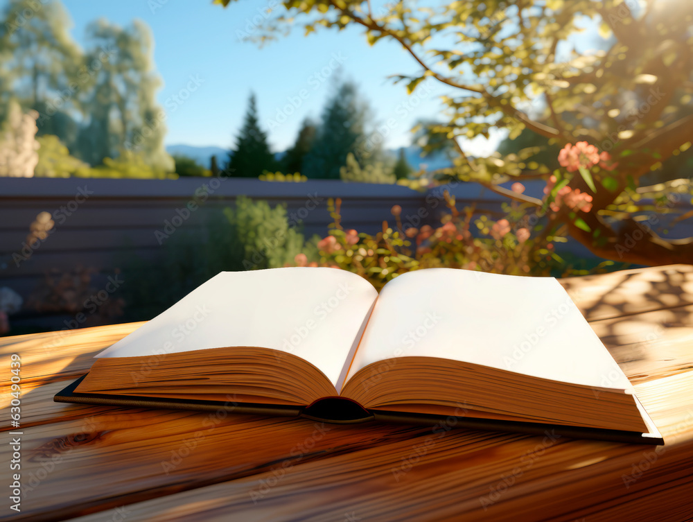 Poster open book on a wooden table in the garden. generative ai