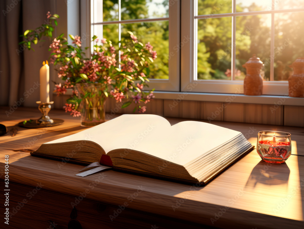 Poster open book on a wooden table in a room with a window. generative ai