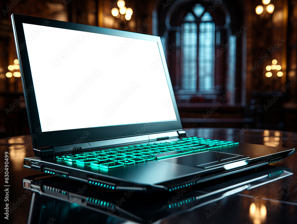 Poster Laptop with blank screen on the table. Generative AI