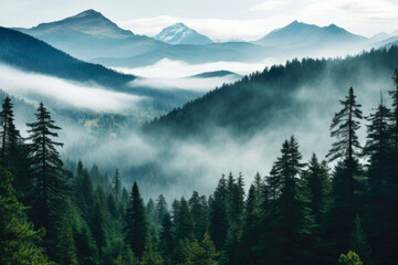The mountains are covered in a layer of mist, which is thicker in the valleys and thinner on the peaks. The foreground consists of a dense forest of coniferous trees - Powered by Adobe