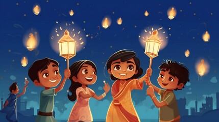 Diwali children holding oil lamp and sparkler with hanging