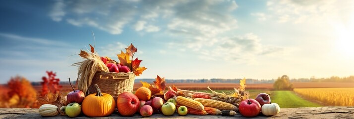Thanksgiving Basket Of Pumpkins, Apples, And Corn On Harvest. Copy space for text.
