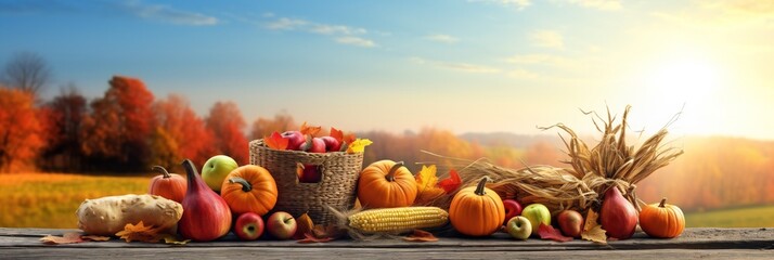 Thanksgiving Basket Of Pumpkins, Apples, And Corn On Harvest. Copy space for text.
