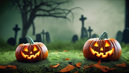 Halloween pumpkins on a background of a scary cemetery with graves and dry trees, Halloween background, Generative AI