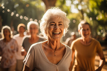 Happy senior friends doing workout activity in a public park Health elderly people lifestyle made with AI generative technology