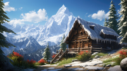 house in the mountains snow - obrazy, fototapety, plakaty
