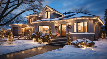 Beautiful Christmas Decorated House on A Winter Evening.