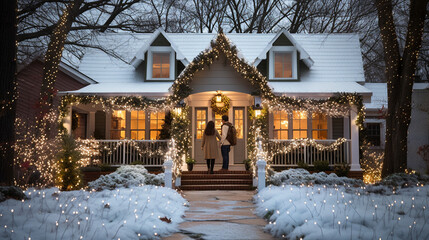 Couple Walking Toward The Front Door of A Beautifully Decorated Christmas Themed House on A Winter Evening.