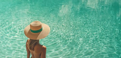 Summer banner. Young woman wearing a huge straw hat in swimming pool with turquoise water