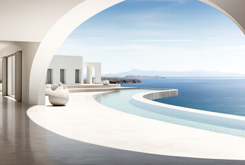 Fototapeta na wymiar Enjoy the splendor of the sea from this elegant white patio. Its rounded architecture seamlessly integrates with the natural curves of the coast... Ai generation