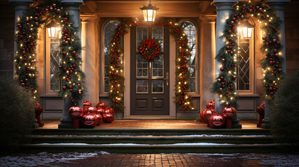 Beautiful Christmas Decorated Front Door and Porch of A House on A Winter Evening.