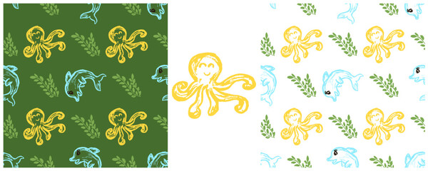 Set drawings with wax crayons. Print for cloth design, textile, fabric, wallpaper, wrapping paper