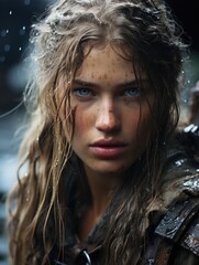 Portrait of a female Viking warrior, female medieval Scandinavian seafaring mariner Swedish, Norwegian and Danish Vikings, attractive bold warlike beautiful courage bravery bravery outlaw .