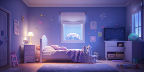 Child's bedroom at night, cute, pastel - colored smart devices like a night light, temperature monitor, motion sensors, subtle moonlight from the window adding a soft glow
