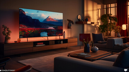 Living room bathed in soft evening light, cozy setting, smart TV with voice command logo on screen, soundbar beneath, IoT devices seamlessly integrated, warm ambient lighting
