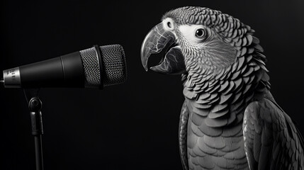 African Grey parrot, mimicking human speech into a microphone, pet training equipment scattered, warm, studio lighting