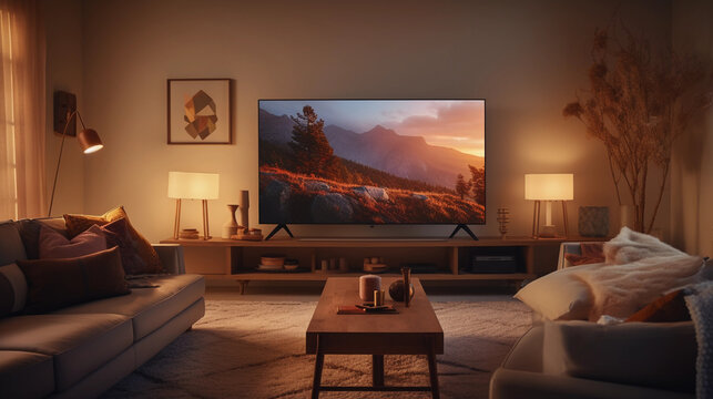 Living room bathed in soft evening light, cozy setting, smart TV with voice command logo on screen, soundbar beneath, IoT devices seamlessly integrated, warm ambient lighting