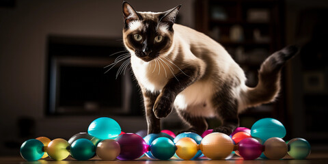 Fototapeta na wymiar Siamese cat in living room, balancing on a ball, colorful pet training toys around, soft indoor lighting