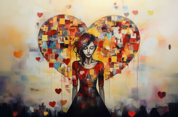 Colorful Abstract Painting of a lovesick Girl on yellow background