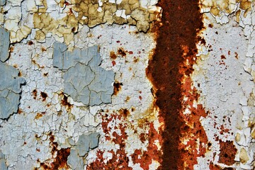 Metal rusty surface with shabby background paint. Texture cracked paint on an iron sheet. Fragment of an old metal gate, Metal Corrosion.