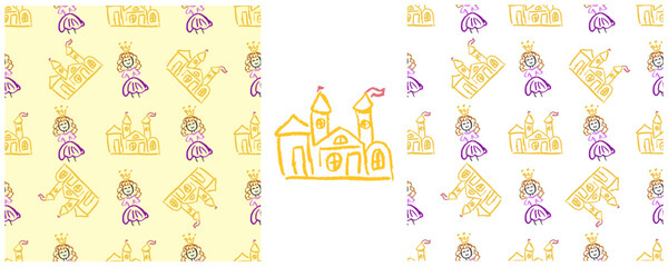 Obraz premium Set drawings with wax crayons. Print for cloth design, textile, fabric, wallpaper, wrapping paper