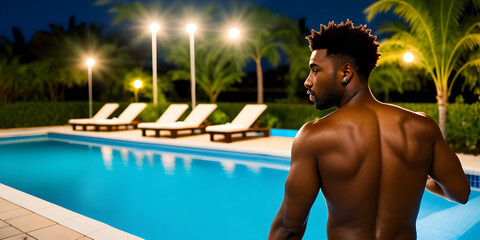 Schwarzer Mann vor Pool bei Nacht