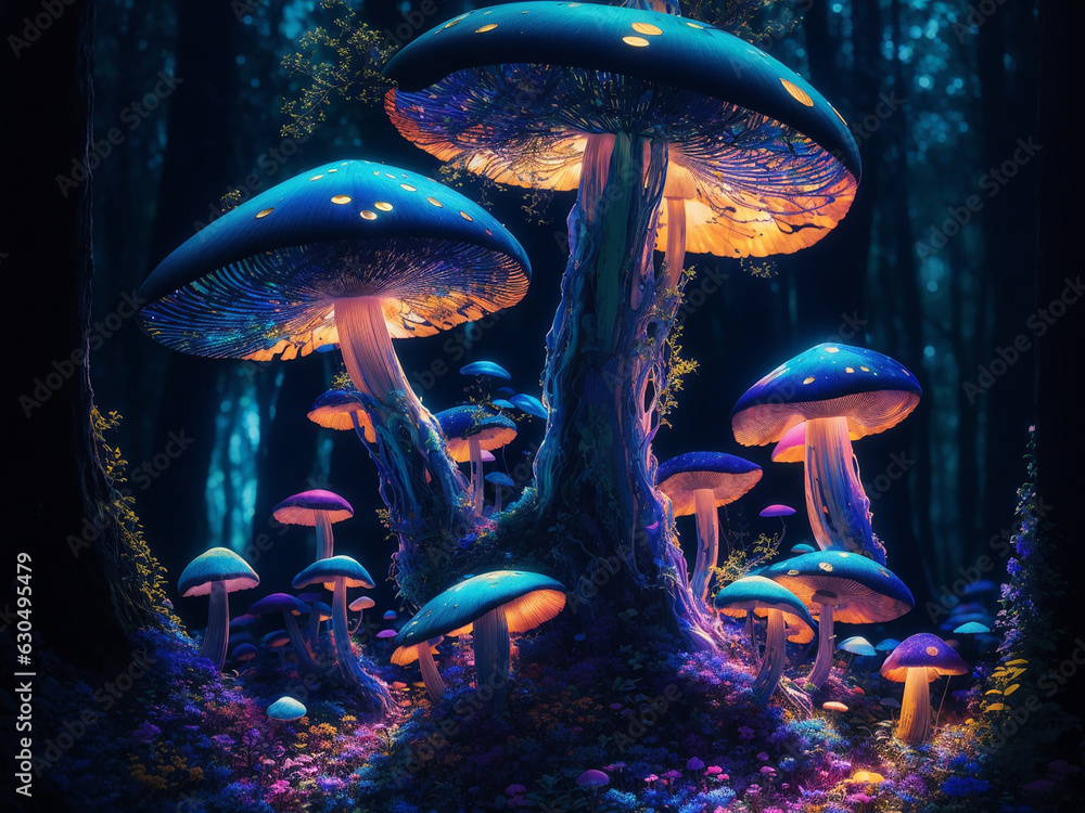 Poster psychedelic mushroom forest - ai generative