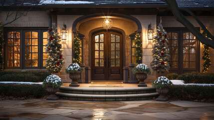 Fototapeta premium Beautiful Christmas Decorated Front Door and Porch of A House on A Winter Evening.