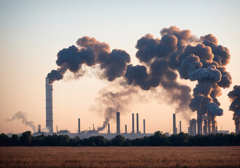Factory polluting the environment, ecology concept. Generative AI.