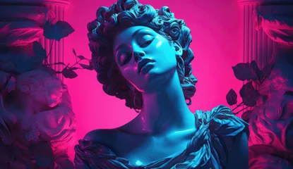 Fotobehang Synthwave roman statue of  a woman with headphones listen to music and relax © Karat