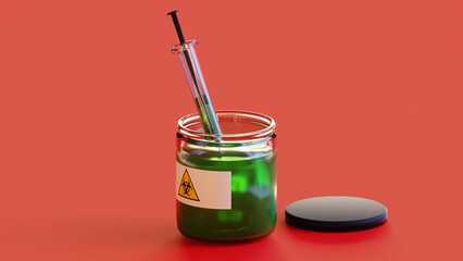 biohazard concept. A green liquid in a transparent jar filled with a syringe. 3D Render