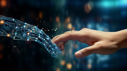Hand of Robot and Hand of Human Touching on Virtual BI. Generative AI.