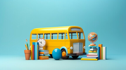 AI generated, vector illustration, americal yellow schoolbus with school accessories on a blue background. Back to school theme, back to school theme.