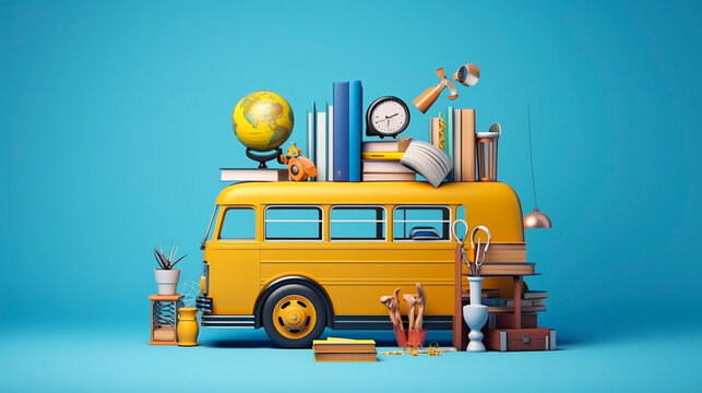 AI generated, vector illustration, americal yellow schoolbus with school accessories on a blue background. Back to school theme, back to school theme.