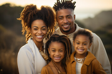 Image of a beautiful 4 member african american family with husband, wife a 2 year old boy and a 5 year old girl made with AI generative technology