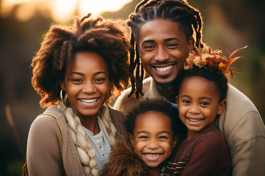 Image Of A Beautiful 4 Member African American Family With Husband, Wife A 2 Year Old Boy And A 5 Year Old Girl Made With AI Generative Technology