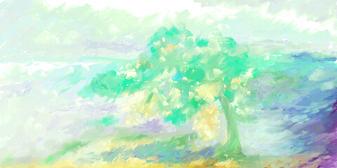 Impressionistic Light & Uplifting Summer Trees on the Hillside - Digital Painting/Illustration/Art/Artwork Background or Backdrop, or Wallpaper